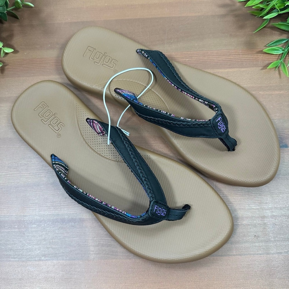 Flojos Women's Flip Flop Sandals Black Tan Size 6